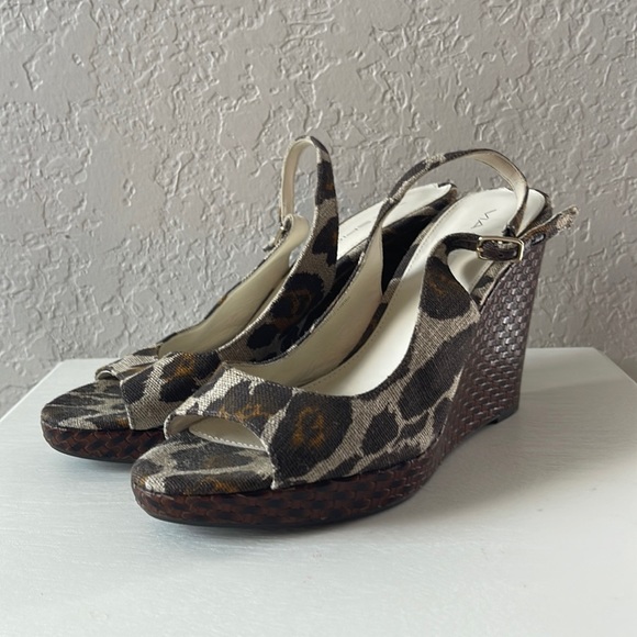 VIA SPIGA Leopard Slingback Peeptoe Wedges 8 - Picture 1 of 9